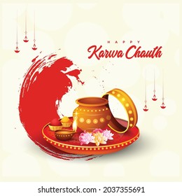 Banner design of happy karwa chauth cartoon style template.