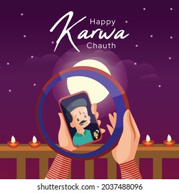 Banner design of happy karwa chauth cartoon style illustration.