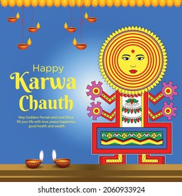 Banner design of Happy karwa chauth cartoon style illustration.