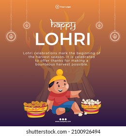 Banner design of happy lohri festival cartoon style template.