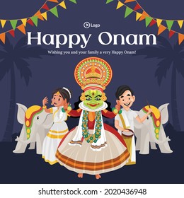 Banner design of happy Onam cartoon style template.