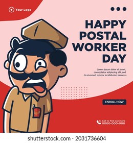 Banner Design Of Happy Postal Worker Day Cartoon Style Template.