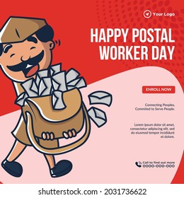 Banner Design Of Happy Postal Worker Day Cartoon Style Template.