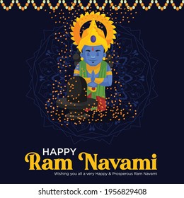 Banner design of happy ram Navami on blue background. Vector graphic illustration.