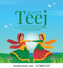 Banner design of Happy teej Indian festival cartoon style template.