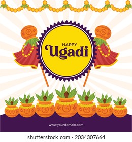 Banner design of happy ugadi cartoon style template.