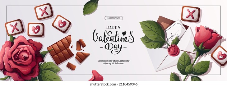 Diseño de pancartas para el Feliz Día de San Valentín con rosas, pétalos, carta de amor, chocolate. Romance, concepto de amor. Ilustración vectorial para afiche, banner, publicidad, invitación, volante, portada.