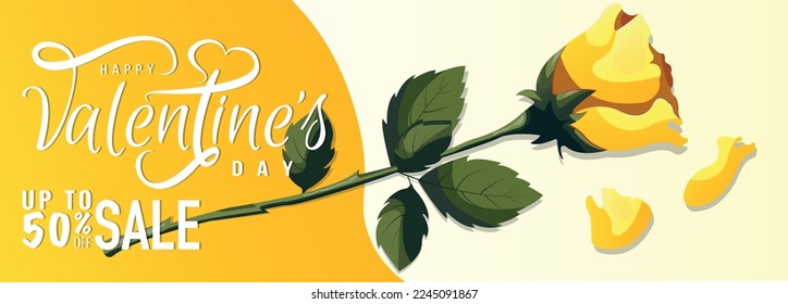 Banner design for Happy Valentine's Day with yellow roses. Romance, Love concept. Vector illustration for poster, banner, advertising, invitation, flyer, cover.