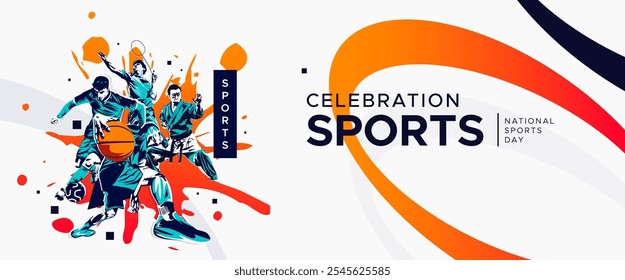 O design do banner tem o conceito de celebrar o Dia Nacional do Esporte com atletas de futebol americano, badminton, basquete e artes marciais. Conceito de jogo esportivo nacional. estilo de silhueta de atleta grunge.