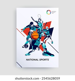 The banner design has the concept of celebrating National Sports Day with athletes from football, badminton, basketball and base ball. National sports game concept. grunge style athlete silhouette.