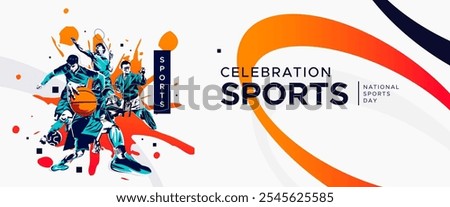 The banner design has the concept of celebrating National Sports Day with athletes from football, badminton, basketball and martial arts. National sports game concept. grunge style athlete silhouette.