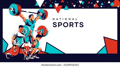 The banner design has a national sport concept for bodybuilding, featuring illustrations of weightlifters in color silhouette style. Bodybuilding sports contest. bodybuilding athlete silhouette