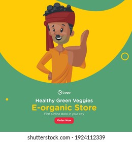 Banner design of healthy green veggies e-organic store. Vegetable seller is showing thumbs up. Vector graphic illustration. 