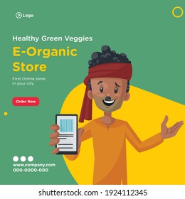 Banner design of healthy green veggies e-organic store.Vegetable seller showing mobile phone. Vector graphic illustration. 