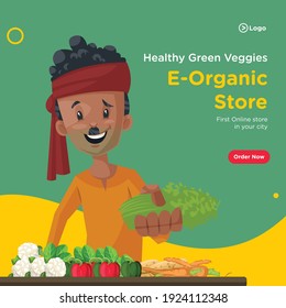 Banner design of healthy green veggies e-organic store. Vegetable seller selling vegetables. Vector graphic illustration. 