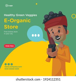 Banner design of healthy green veggies e-organic store. Vegetable seller is reading messages on mobile. Vector graphic illustration.