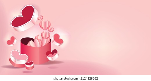 Diseño de pancartas con caja en forma de corazón. Cajas de regalo rojas y rosas realistas. Casilla abierta con objeto decorativo festivo. Banner de vacaciones, afiche web, volante, folleto, tarjeta de saludo, portada. Antecedentes románticos.