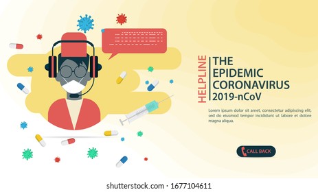 banner design, helpline, for free calls, sick people to call for help, and consultation in the coronavirus epidemic, COVID-2019, flat vector illustration
