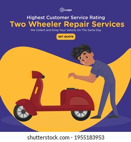 Banner design of highest customer service rating two wheeler repair services. Vector graphic illustration.