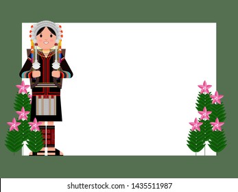 Banner design.The hill tribe woman. Hmong woman with basket. vector
