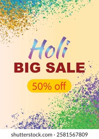 Banner design for Holi featuring the text Big Sale 50% Off, combining festive imagery with a promotional message to attract shoppers