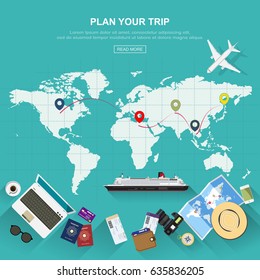 Banner banner design ideas for travel planning summer vacation booking online travel travel summer vacation. Traveling by boat cruise and plane. Vector illustrations