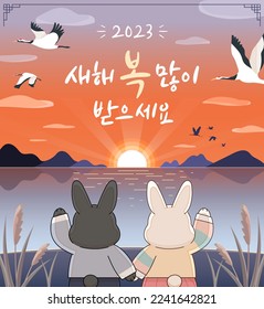 Banner design illustration celebrating 2023 year of the rabbit, Korean New Year. (Korean translation: Happy New Year 2023.)