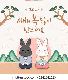 Banner design illustration celebrating 2023 year of the rabbit, Korean New Year. (Korean translation: Happy New Year 2023.)