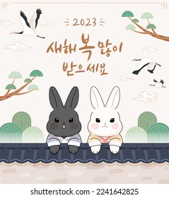 Ilustración de diseño de carteles que celebra el año 2023 del conejo, Año Nuevo coreano. (Traducción coreana: Feliz Año Nuevo 2023.)