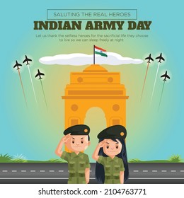 Banner design of Indian army day cartoon style template.