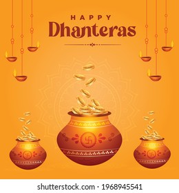 Banner design of Indian festival dhanteras template on yellow background. Vector graphic illustration.