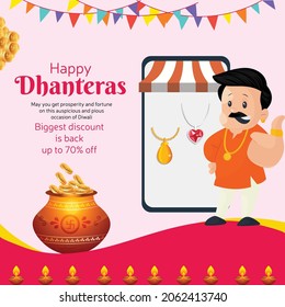 Banner design of Indian festival Happy Dhanteras biggest discount template.