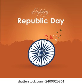 Banner design of  Indian republic Day celebrations with 26th January india text and 3d Ashoka Wheel,dove fly, try color hand, indian flag, india gate. vector illustration design.