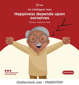 Banner design of an intelligent man always ready to help cartoon style template. Vector graphic illustration.