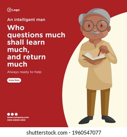 Banner design of an intelligent man always ready to help cartoon style template. Vector graphic illustration.