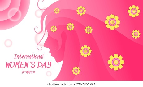 banner design for international women's day with head womens silhouette and flowers. yellow, pink and white. simple, modern and elegant concept. used for greeting card, background or banner