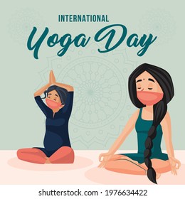Banner design of International yoga day cartoon style template.
