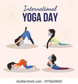 Banner design of International yoga day cartoon style template.