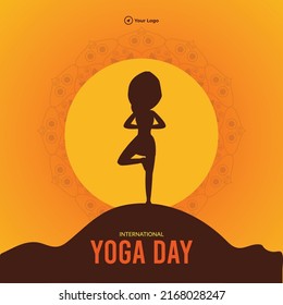 Banner design of international yoga day cartoon style template.