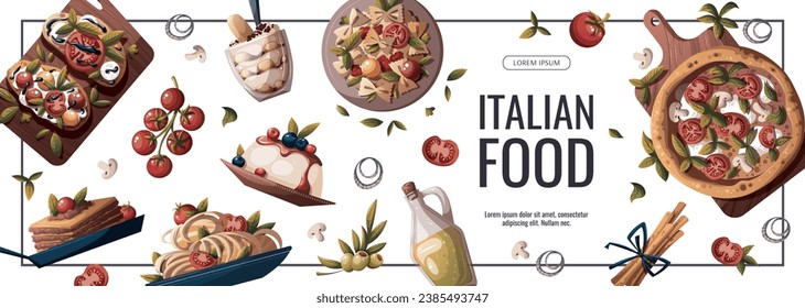 Diseño de carteles con pizza italiana, pasta, bruschetta, lasaña, aceite de oliva. comida italiana, comida saludable, cocina, recetas, concepto de menú de restaurante. Ilustración vectorial para banner, promoción, afiche.