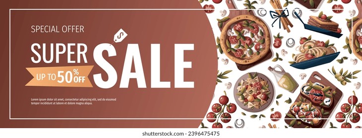 Banner design with Italian pizza, pasta, bruschetta, lasagna, olive oil. Italian food, healthy eating, cooking, recipes, restaurant menu concept. Vector illustration for banner, promo, poster.