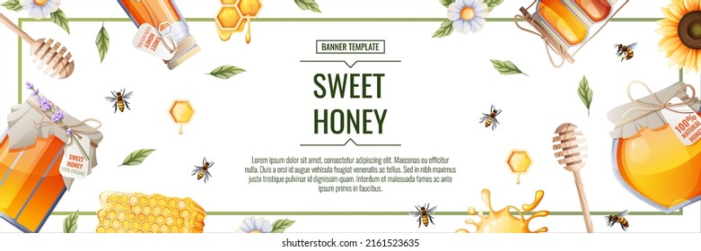 Banner design with jar of honey,bees,sunflower. Honey products, honey shop. Illustration for banner, flyer, poster, menu