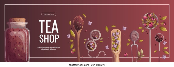 Banner design with Jars, spoons and scoop of loose tea, strainer. Tea shop, cafe-bar, tea lover, tea party, kitchen concept. Vector illustration for poster, banner, flyer, menu, advertising. 