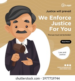 Banner design of justice will prevail cartoon style illustration.