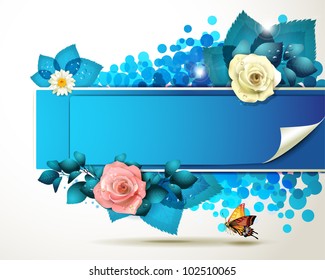 Banner design with leaf, flowers and butterflies