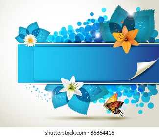 Banner design with leaf, flowers and butterflies