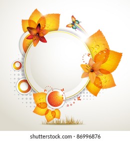 Banner design with leaf, flowers and butterflies