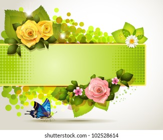 Banner design with leaf, flowers and butterfly