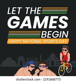 Banner design of let the games begin happy national sports day template.