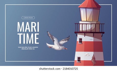 Banner design with Lighthouse and flying seagull. Maritime, sea coast, marine life, nautical concept. Vector illustration. Flyer, cover, banner template.